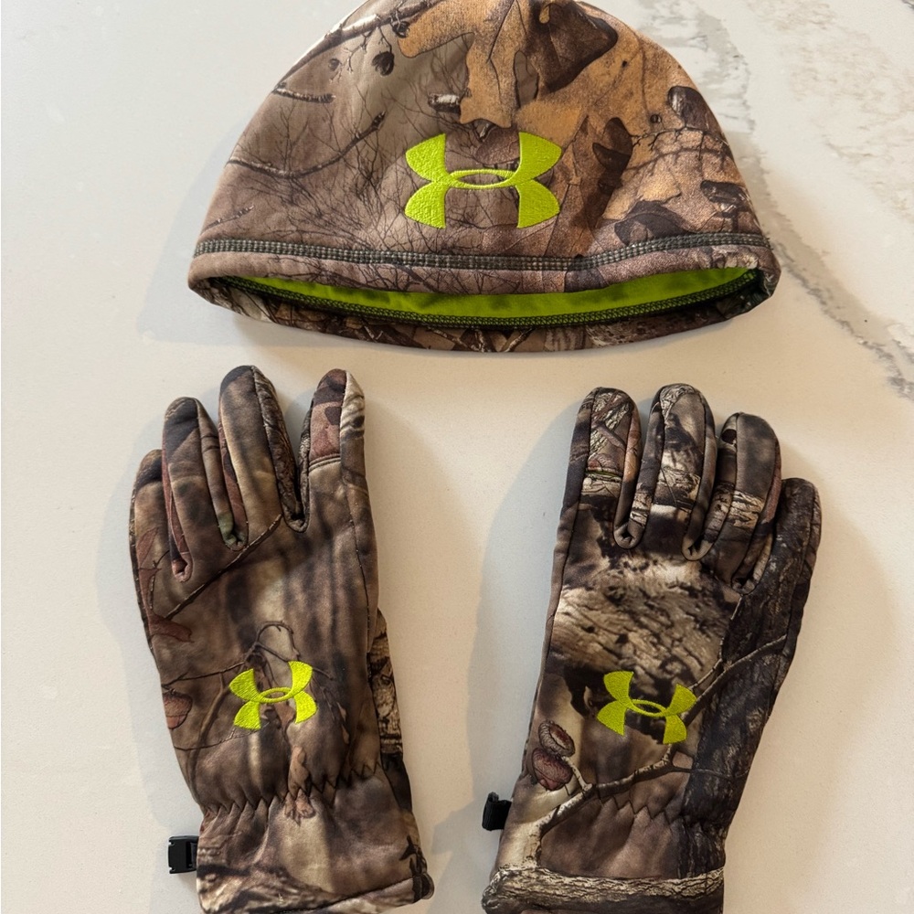 Under Armour Kids Camo Beanie and Gloves Set - Brown and Green